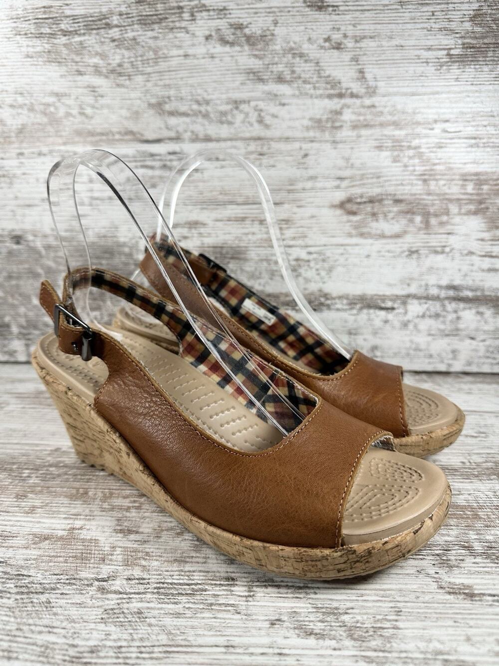 Women's Crocs A-Leigh Brown Leather Slingback Cork Wedge Open Toe Sandals Sz 7